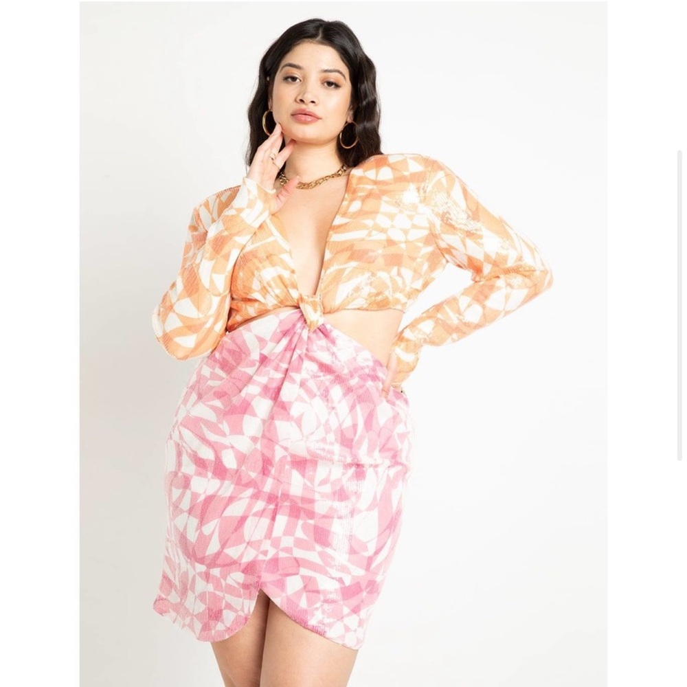 Eloquii Orange and Pink Tie-Front Mini Dress - Picture 3 of 13